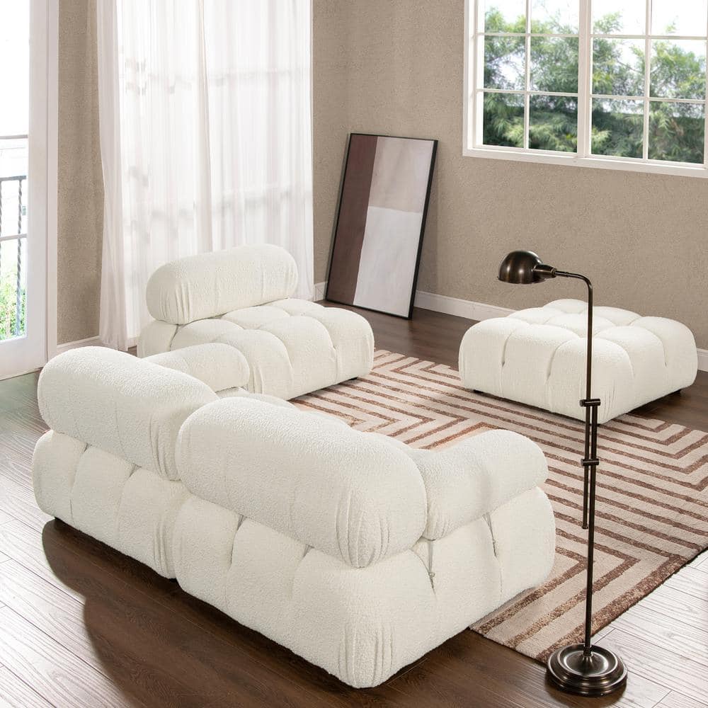 Marcel 109.5" Bubble Modular Modern Chaise Single Arm 3-Piece Sofa, Ivory White Boucle