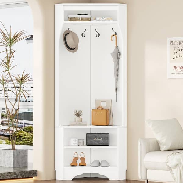 Nestfair Minimalist White Freestanding Corner Hall Tree with Shoe Bench and 4 Hooks