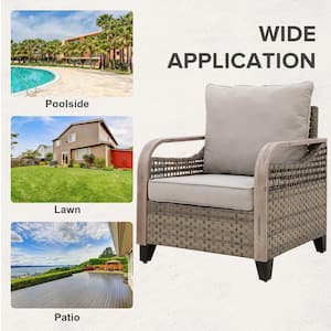Brown Wicker Outdoor Lounge Chair Patio Dining Chair with Gray Cushions (1-Pack)