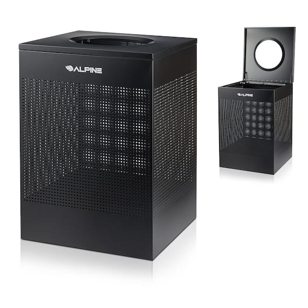 Alpine Industries 40 Gal. Black Perforated Steel Square Stainless Steel Commercial Trash Can with Open Top Lid