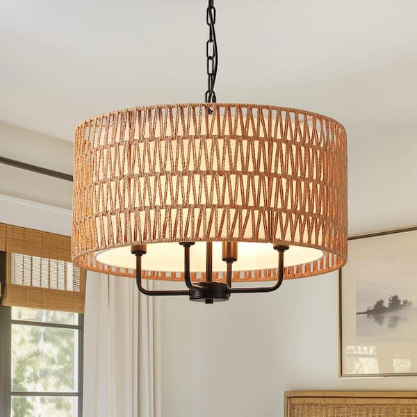 19.7 in. 4-Light Rattan Yellow Bohemin Chandelier for Foyer Dining Room