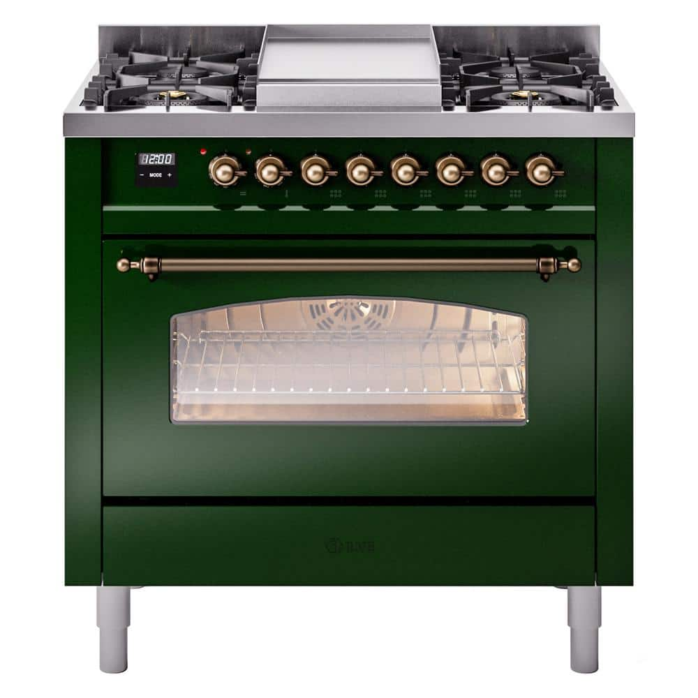 Nostalgie II 36 in. 6 Burner+Griddle Freestanding Dual Fuel Liquid Propane Range in Emerald Green with Bronze Trim -  ILVE, UP36FNMPEGBLP