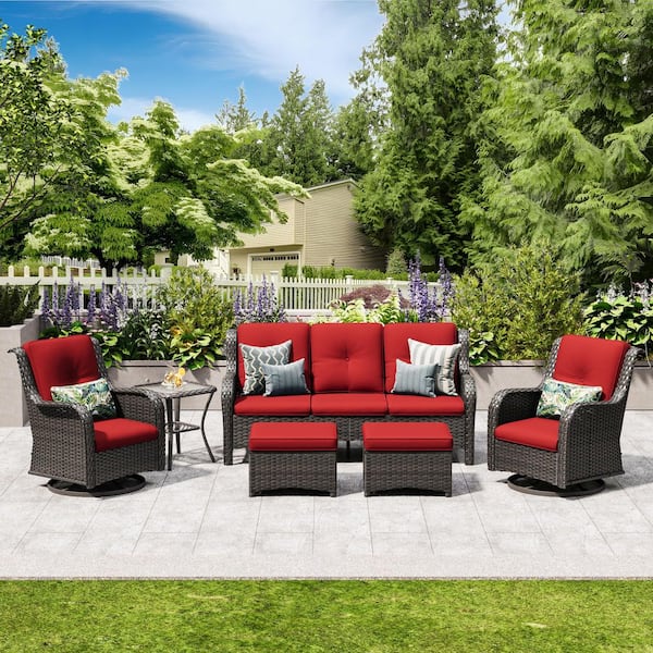 JOYSIDE 6-Piece Wicker Outdoor Patio Seating Set Sectional Sofa with Swivel Rocking Chair, Ottomans and Red Cushions