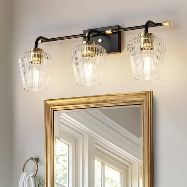 YANSUN 25 in. 3-Light Black Cone Vanity Light with Clear Glass Shades for Bathroom, Mirror, Powder Room