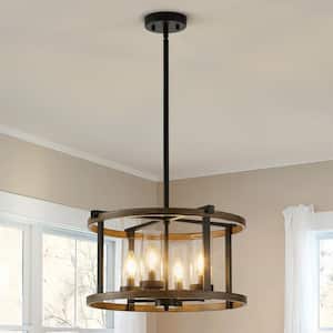 4-Light Black and Brown Farmhouse Cage Shell Candle Hanging Pendant Light with Glass Shade