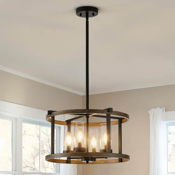 GoYeel 4-Light Black and Brown Farmhouse Cage Shell Candle Hanging Pendant Light with Glass Shade