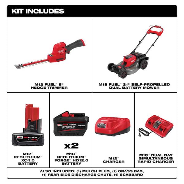 M12 FUEL 8 in. 12V Lithium-Ion Brushless Cordless Hedge Trimmer w/ M18 FUEL 21 in. Dual Battery Self-Propelled Mower Kit