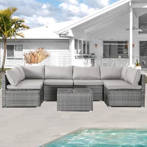 7-Piece Grey Wicker Outdoor Sectional Set, Rattan Outdoor Patio Set with Grey Cushions, Tea Table