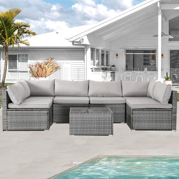 Unbranded 7-Piece Grey Wicker Outdoor Sectional Set, Rattan Outdoor Patio Set with Grey Cushions, Tea Table