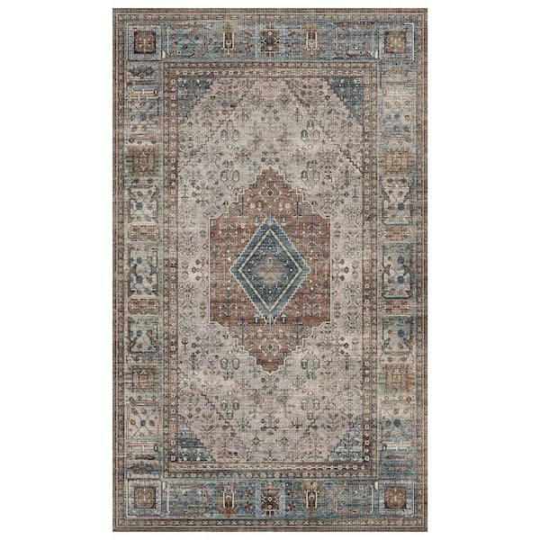 Naiad Machine Washable Blue/Gray 6 ft. x 9 ft. Geometric Border Indoor Area Rug