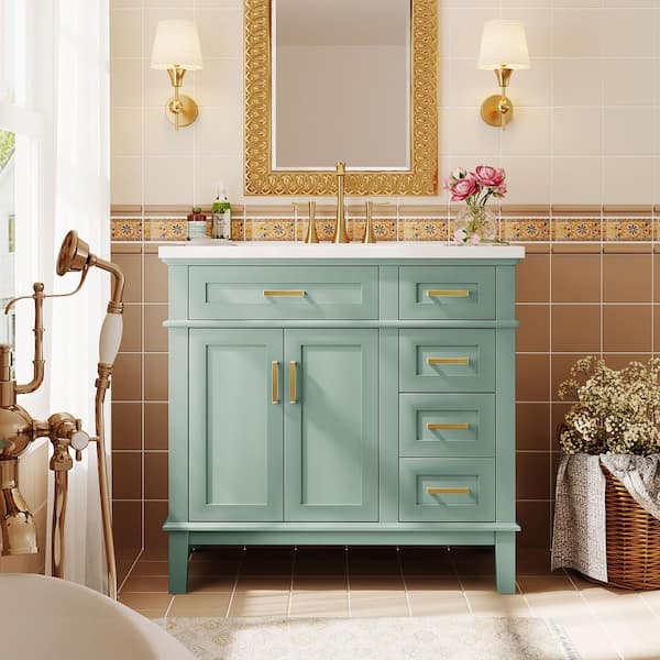 36 in. W x 18 in. D x 35 in. H Freestanding Bath Vanity in Green with White Resin Top