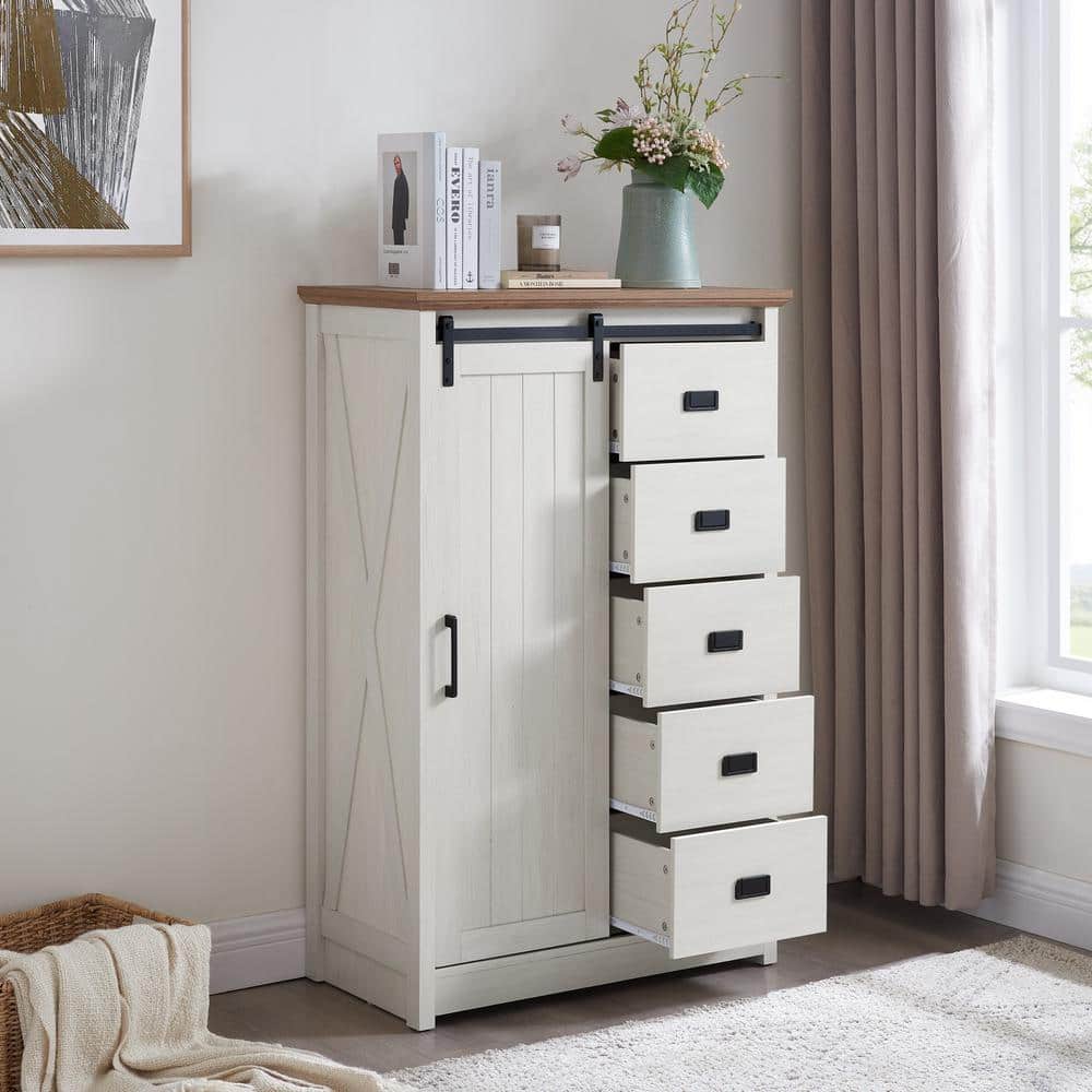 White 5 Drawer 31.5 in. Wide Chest of Drawers w/Sliding Barn Door Modern Ta