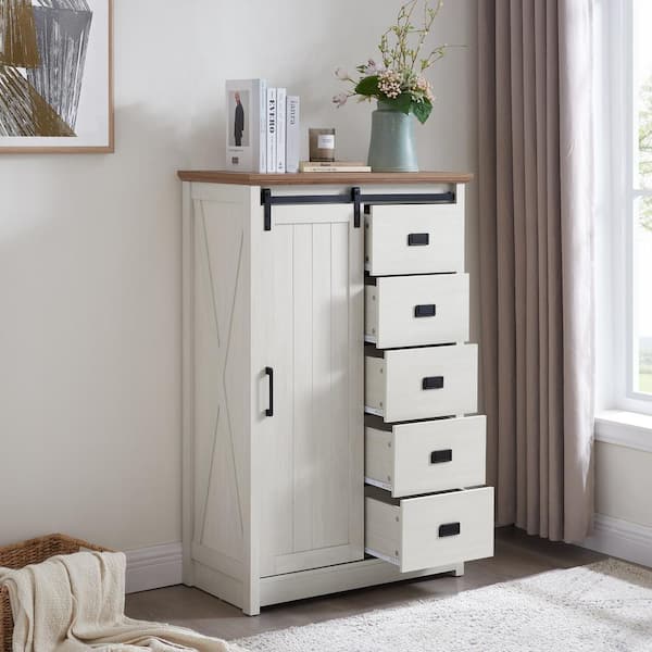 White 5 Drawer 31.5 in. Wide Chest of Drawers w/Sliding Barn Door Modern Tall Storage Organizer Dresser Storage Drawers