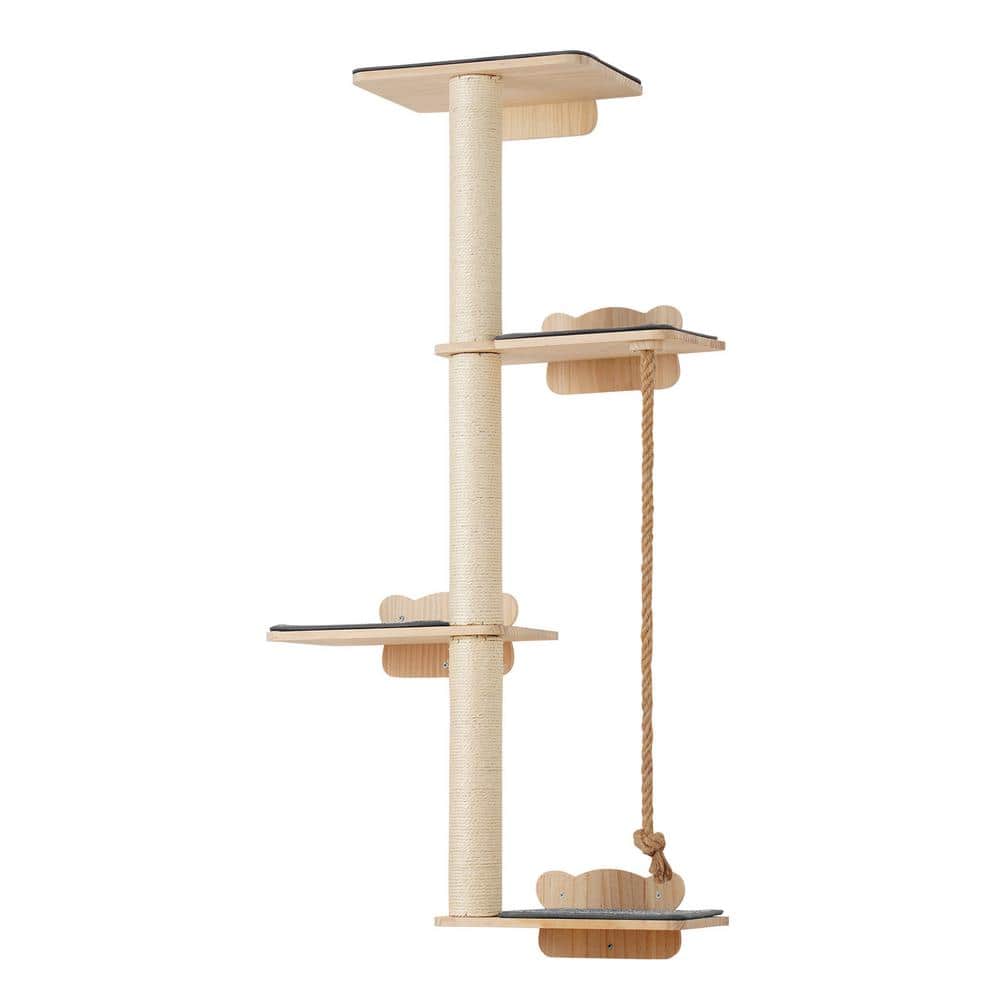 Natural Pine Wood Multi-Level Cat Wall Shelf Set