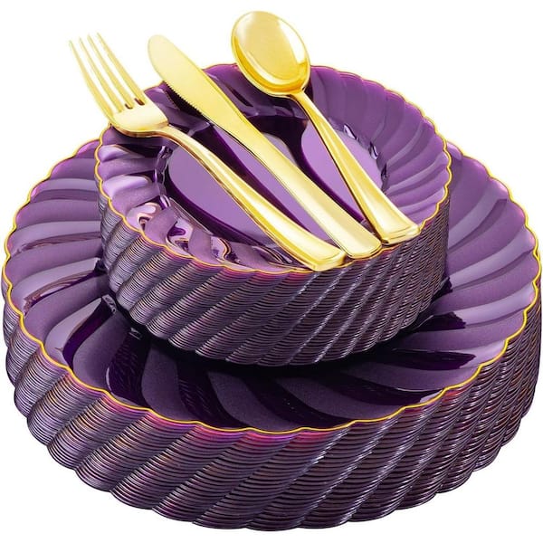125-Piece Purple Scalloped Plastic Dinnerware Set Include 50 Plates, 75 Gold Silverware, Service Set for 25