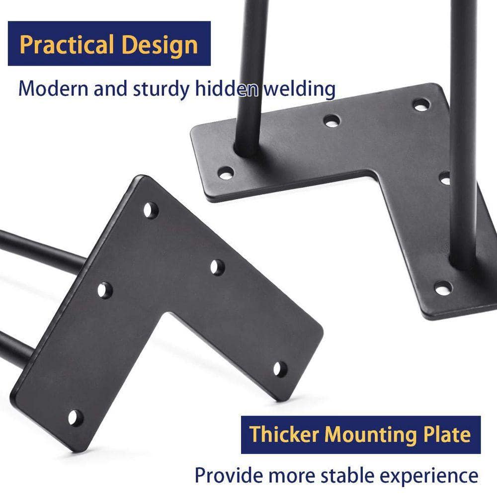 Close-up of the black metal mounting plates and welding of the hairpin legs.