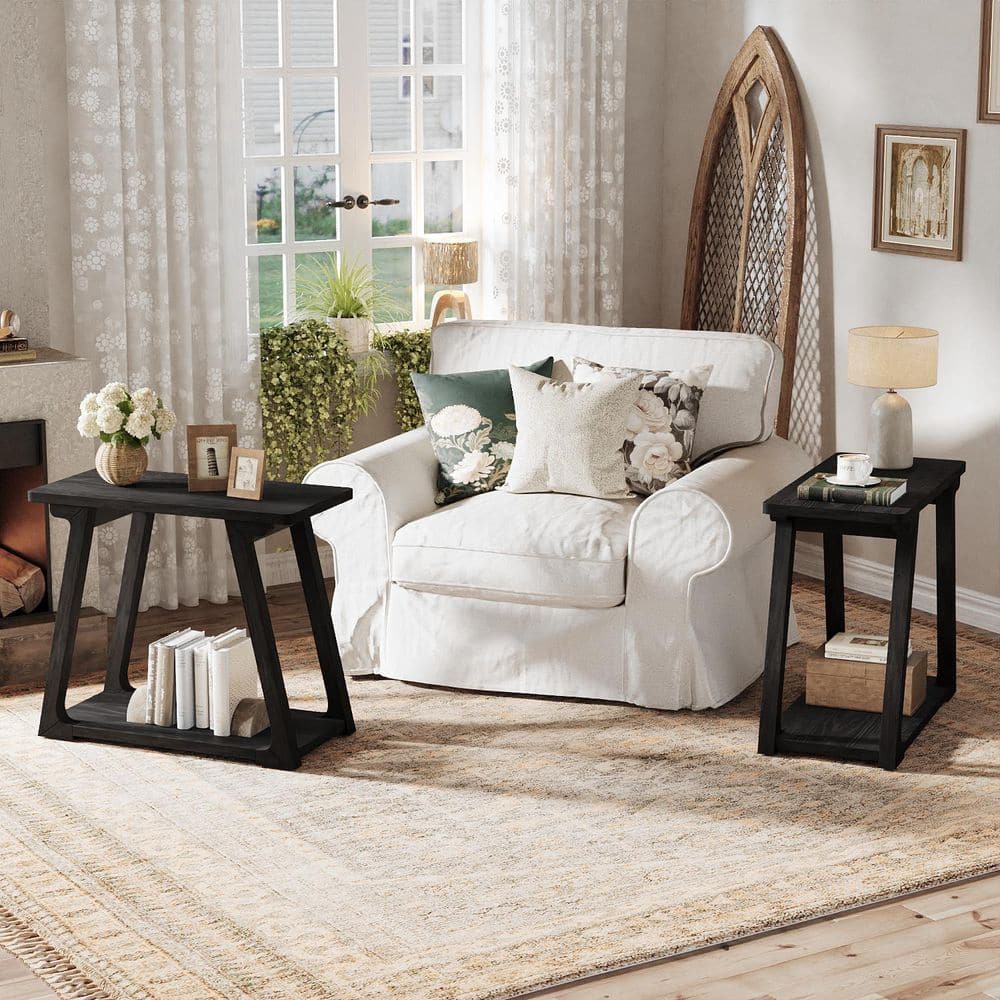 Kerlin 27.6 in. Black Rectangle Solid Wood End Table, 2-Tier Farmhouse Side Table with Shelf for Living Room, 2pcs price history on PriceWatchPro