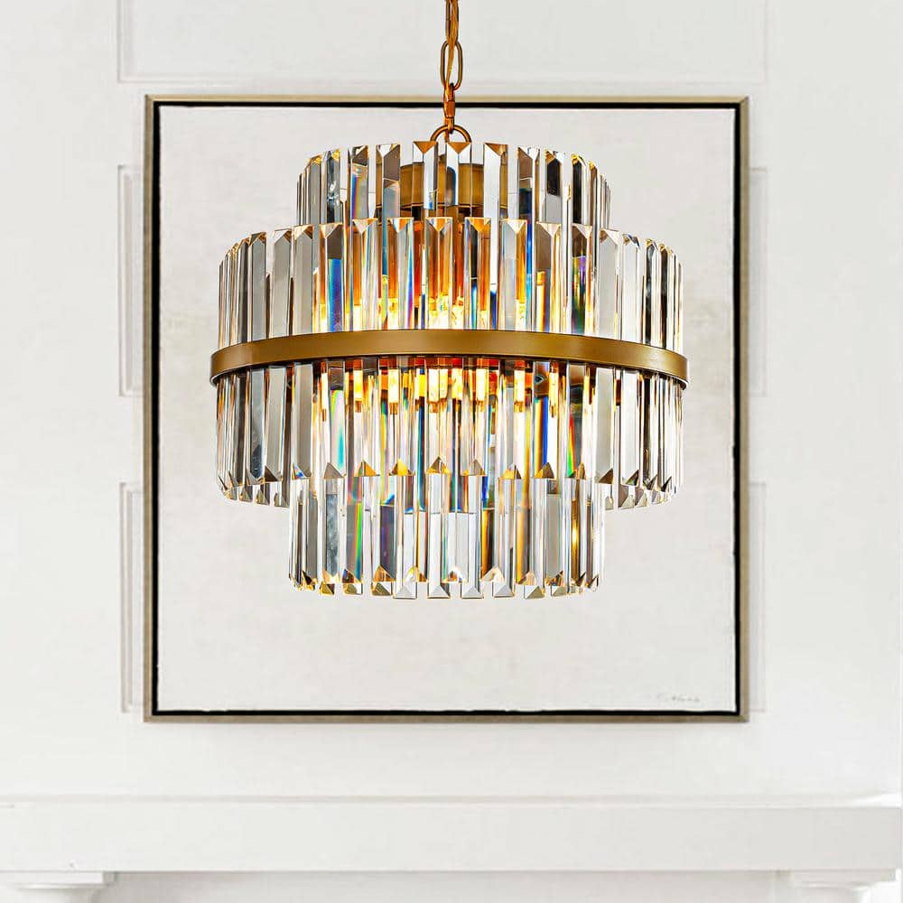 4-Light 16 in. Modern Luxury 2-Tie Dimmable Antique Gold Round Crystal Chan