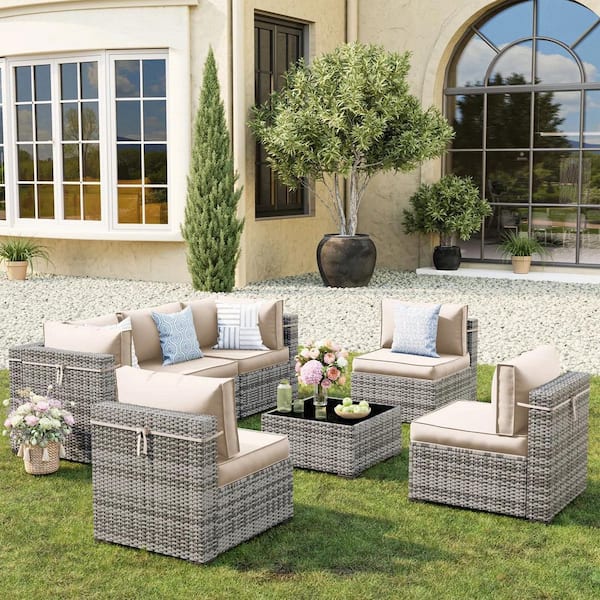 ELPOSUN Seat 6-Piece Wicker Outdoor Patio Conversation Sectional