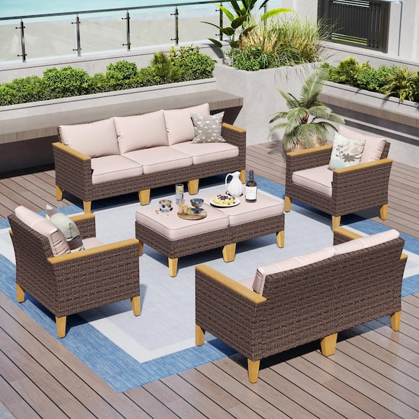 PHI VILLA Brown Wicker Rattan 9 Seat 9-Piece Steel Patio Outdoor Sectional Set with Beige Cushions and 2 Ottomans