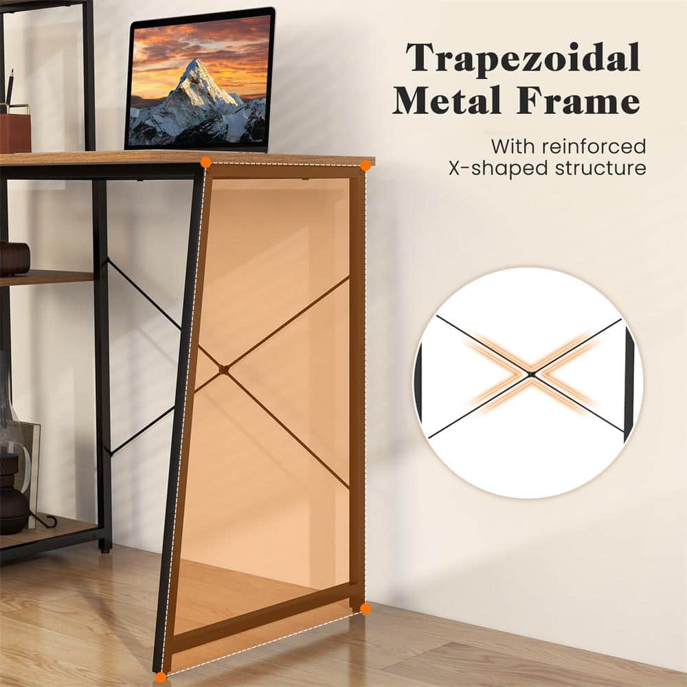 Natural Wood and Metal 4-Tier Computer Desk with Shelves