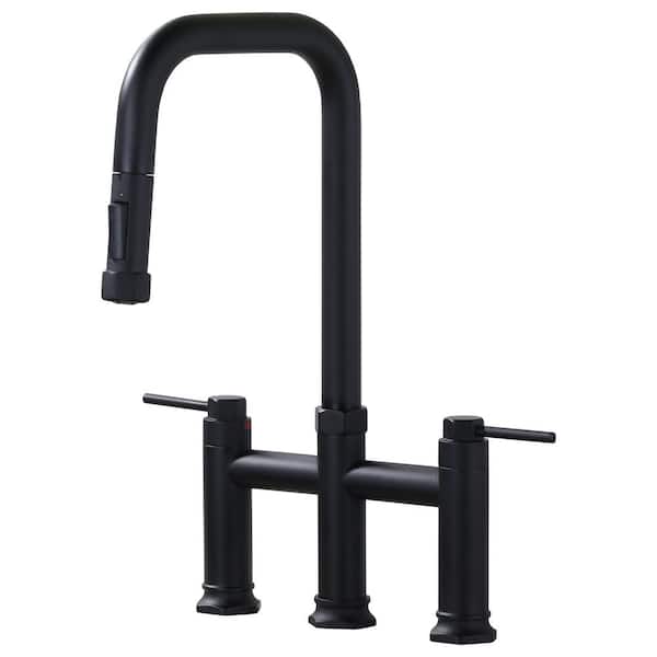 WOWOW 3 Holes Double Handle Bridge Kitchen Faucet with Pull Down Sprayer and Supply Lines in Black