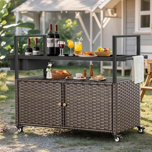 42 in. W x 18 in. D x 36 in. H Brown Wicker Patio Outdoor Storage Cabinet Outdoor Buffet Cabinet Porch Storage