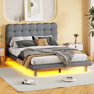 Gray Wood Frame Full Velvet Upholstered Platform Bed with LED Lights, Button-Tufted Headboard, Center Support Legs