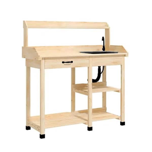 48.5 in. H x 45.25 in. W x 17.75 in. D Natural Wood Potting Bench Table with Sink, Faucet, Storage Shelves and Drawer
