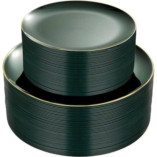 100pcs Green Disposable Plastic Plates with Gold Rim, 50 Dinner 10.25 in. and 50 Dessert 7.5 in. for Party and Christmas
