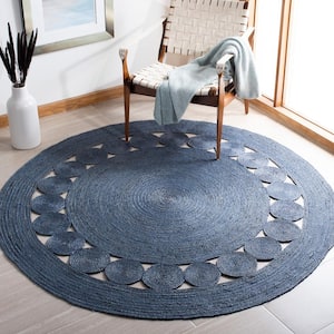 Natural Fiber Navy 10 ft. x 10 ft. Border Woven Round Area Rug