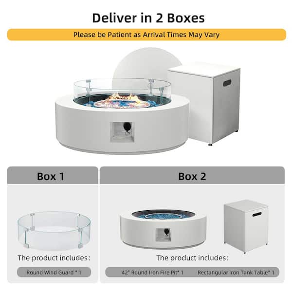 42 in. Round Iron Outdoor Fire Pit Table with Tank Cover, Lid, Wind Guard and Rain Cover in White