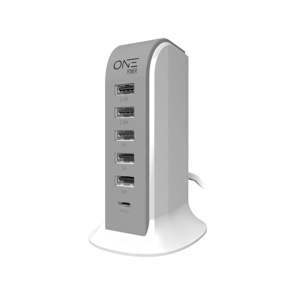 ProMounts 5 USB-A 1 USB-C Power Hub/Charging Station Flat Plug With 5 Ft. Cord Modern Slim Charging USB Tower