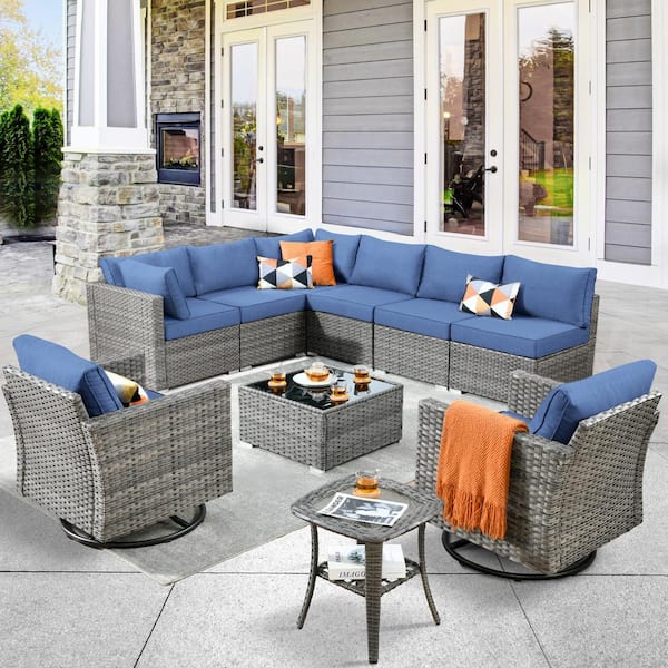 weaxty W Daffodil G Gray 10-Piece Wicker Outdoor Patio Conversation Set with Swivel Rocking Chairs and Denim Blue Cushions