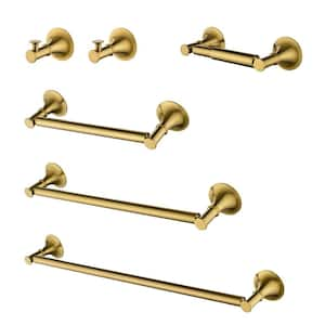 6-Piece Brass Bath Hardware Set with Toilet Paper Holder, Towel Bar Rack, Hand Towel Holder, Towel Hooks in Brushed Gold