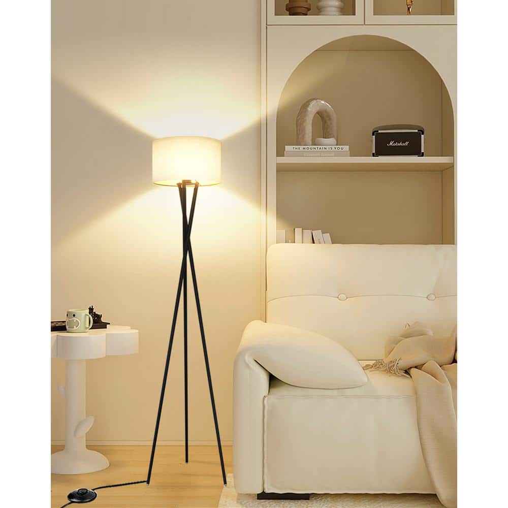 66-Inch Black Metal Tripod Floor Lamp with Burlap Shade