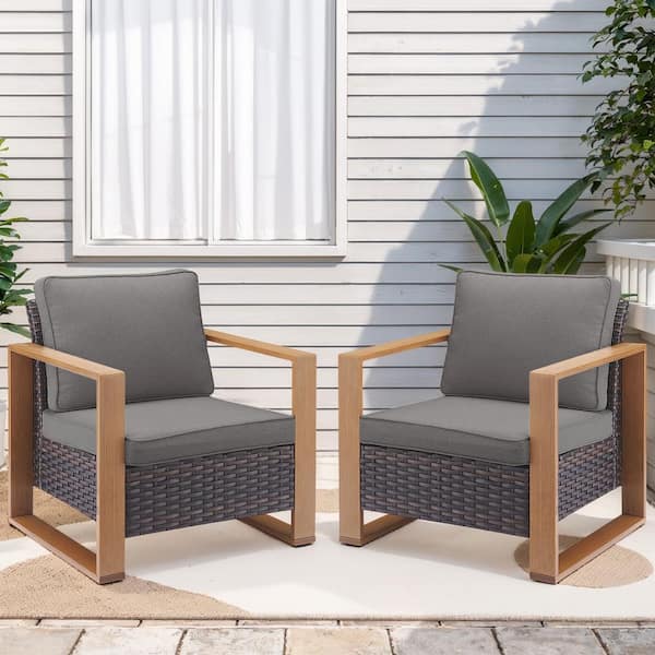 Opohoro MetalWood Metal and Brown Wicker Outdoor Lounge Chair with Olefin Gray Cushions (2-Pack)