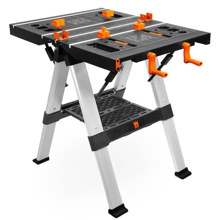 WEN 2-in-1 33 in. W x 25 in. D Folding Work Table and Sawhorse, 440 lbs. Capacity with Onboard Clamps and Clamp Dogs