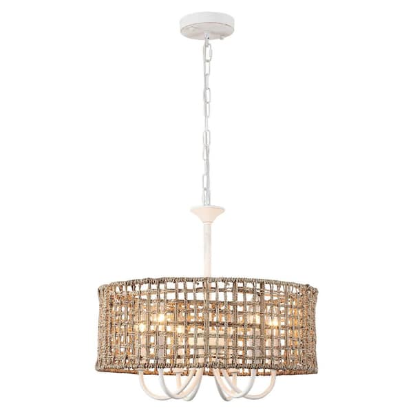 6-Light White Hanging Ceiling Candlestick Linear Chandelier Lighting with Rattan Shaded for Kitchen Island
