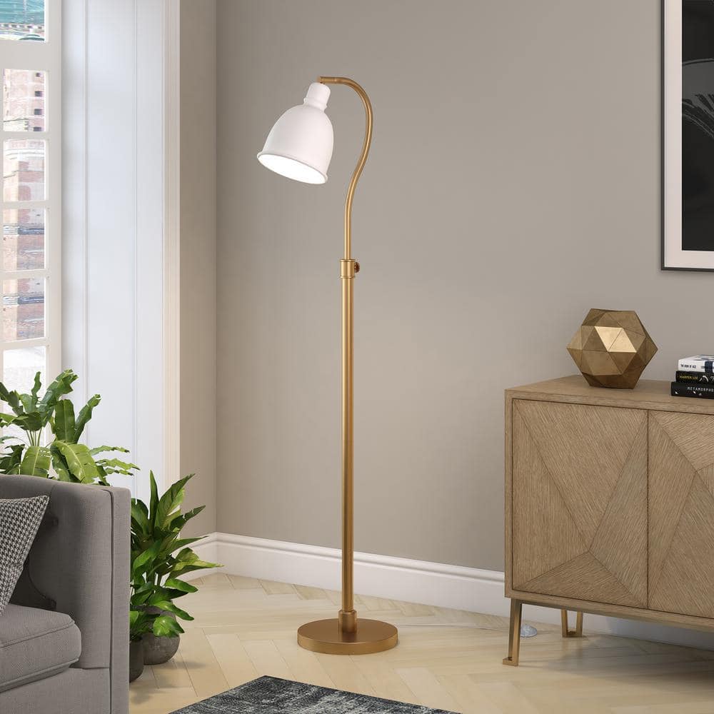 Adjustable Brass Finish Arc Floor Lamp with Matte White Shade