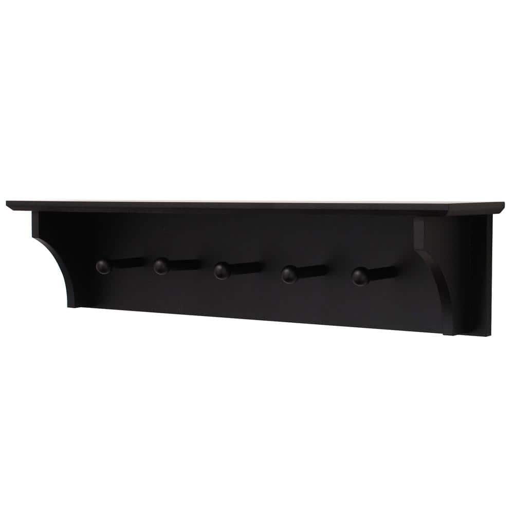 Black Asian Hardwood Wall Shelf with 5 Pegs