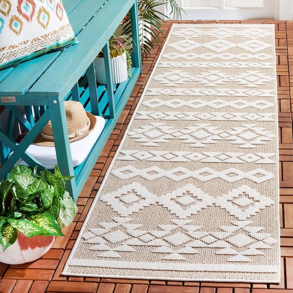 Global Beige/Ivory 2 ft. x 8 ft. Diamond Aztec Indoor/Outdoor Runner Rug