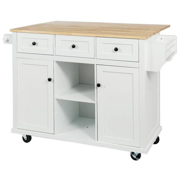 FAMYYT White Rolling Rubberwood Countertop 53 in. Kitchen Island with Adjustable Shelves XJ
