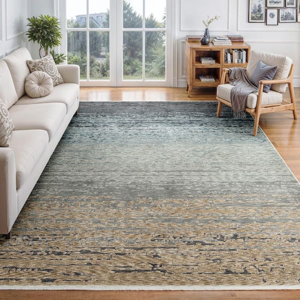 Eclipse Blue/Beige 8 ft. x 11 ft. Ombre Modern Abstract Polyester Fringe-Edge Indoor Area Rug