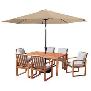 8 Piece Set, Weston Wood Outdoor Dining Table Set with 6 Cushioned Chairs, and 10-Foot Auto Tilt Umbrella Sand