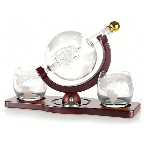 200 oz. Brown Lead-Free Crystal Whiskey Decanter Set with 2 Etched World Map Glasses, Wood Tray, Unique Christmas Gifts