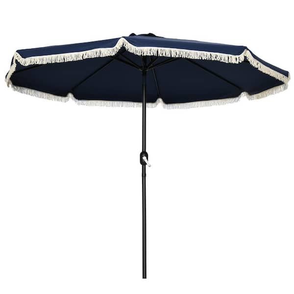 Sudzendf 9 ft. Market Patio Umbrella in Dark Blue, with Push Button Tilt and Crank, Tassles and 8 Ribs
