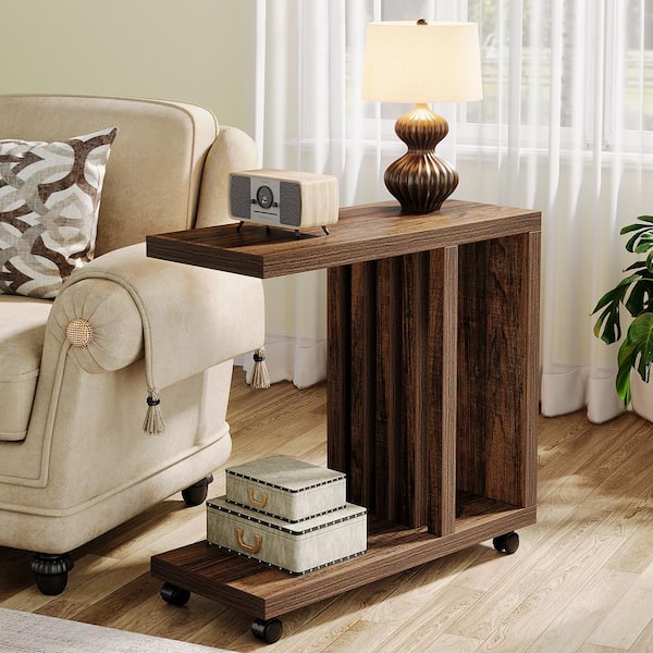 Kerlin 23.6 in. Brown Rectangle Wood End Table with Lockable Wheels, Wood Bedside Table Set of 2
