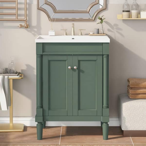 EPOWP 24 in. W x 18 in. D x 34 in. H Freestanding Bath Vanity in Green with White Ceramic Top and Single Sink