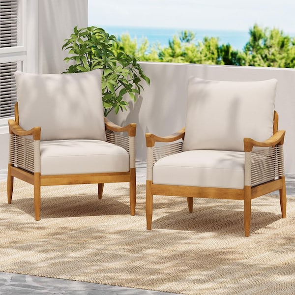 CHRISTOPHER KNIGHT HOME Poppy Outdoor Rope Weave and Solid Wood Patio Club Lounge Chair with Beige Cushions, Teak Finish